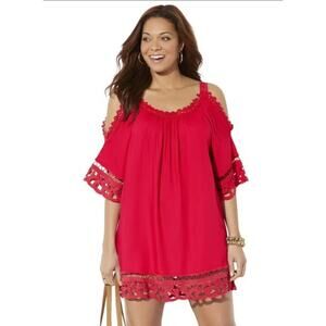 Swimsuits For All Women's Red Cold Shoulder Dress Cover Up 18/20